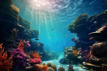 Fototapeta na wymiar Mesmerizing Underwater World: A captivating photograph showcasing the vibrant marine life and coral reefs in crystal-clear waters, offering a glimpse into the wonders of the underwater world, ideal fo