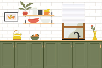 Modern interior design home kitchen. The concept of banners for furniture design. Dining area in the house, kitchen utensils.
Colored flat vector illustration of room in modern style.