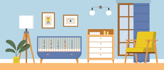 Blue bedroom interior for a boy. Modern interior design of the children's room. Flat vector illustration
