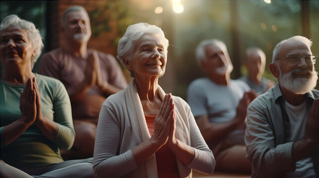 yoga class with a group of elderly people learning new poses and exercising mindfulness and positivity