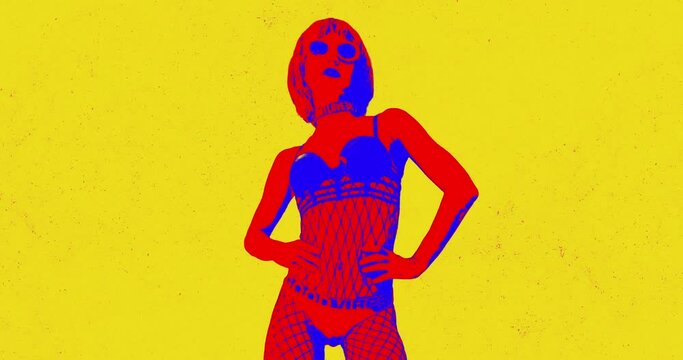 Motion design fun animation. Art collage, magazine style. Suitable for use in vj and misic videos. Girl dancing with an aggressive grunge effect