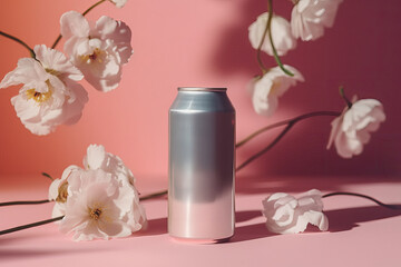 Fototapeta na wymiar artistic metal beverage can mock up in a curated whimsical studio setting with natural light and shadows and botanical flower elements like cherry blossoms - ai generative art