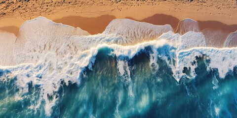 overhead drone photo of sandy beach with blue ocean and crashing waves, create with Generative AI - 616249323