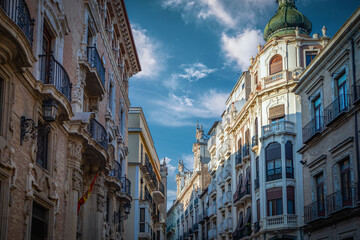 Fototapeta na wymiar View of the historical buildings of the Trapería street of the city of Murcia, Spain, in the heart of the city