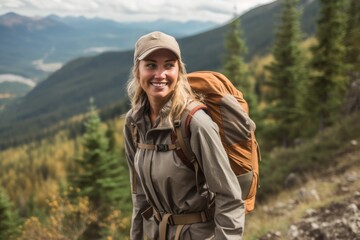 Fototapeta na wymiar portrait of woman with backpack enjoying hiking. AI Generative