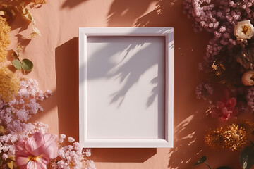 artistic frame canvas mock up in a curated whimsical artistic studio setting with natural light and shadows with botanical flower elements - ai generative art