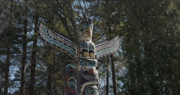 Vancouver, British Columbia Canada - April 12th 2023 - Totem poles in Stanley Park  Close up