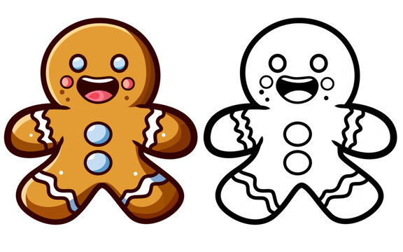 Christmas oatmeal cookie in shape of smiling human vector illustration Gingerbread man decorated with colored icing stock vector image , colored and black and white line art