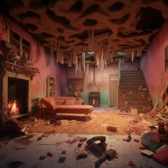 Crazy dreamful room from a dystopian world with vintage furniture and a colorful mindset with generative ai