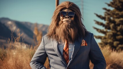 cool sasquatch wearing business suit and sunglasses portrait, created with Generative AI - 616250307