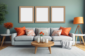 Fototapeta na wymiar artistic frame canvas mock up in a curated whimsical studio living room setting with natural light and shadows - ai generative art 