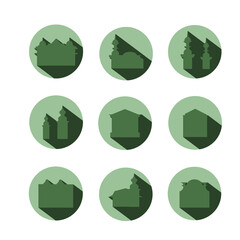 Vector drawing of city buildings logos with drop shadows. Set of houses silhouettes