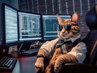 cool cat using computer for stock trading and wearing sunglasses portrait, created with Generative AI - obrazy, fototapety, plakaty