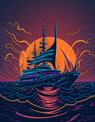 sailboat at sunset -  cartoon style neon yacht in the ocean