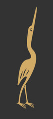 Silhouette of a crane. Gold on dark gray