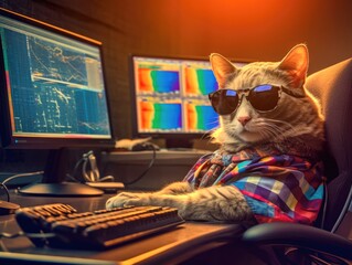 cool cat using computer for stock trading and wearing sunglasses portrait, created with Generative AI - 616250939