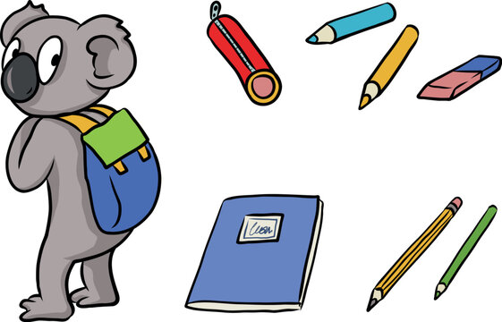 Cartoon Illustration: Kleiner Koala als Schulkind mit Rucksack, Stiften und Heft f&uuml;r Wissen und Bildung