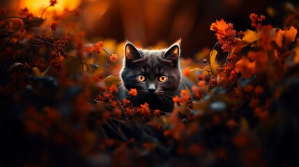 a black mysterious cat in autumn foliage