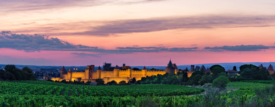 Beautiful sunset of Carcassonne citadel (France)