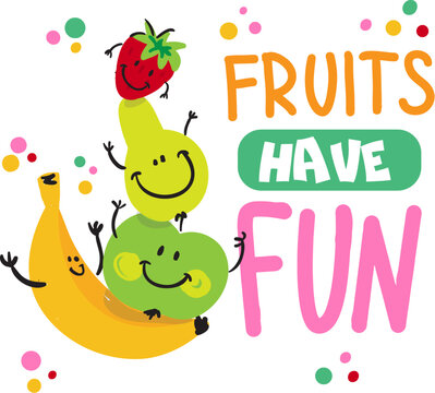Isolated print fruits have fun for T-shirt with banana, apple pear and strawberry. Prints for textiles, fabrics, postcards, messages, posters, web.
