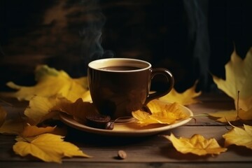 Autumn leaves coffee tea . Generate Ai
