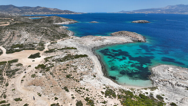 Aerial drone photo of paradise secluded beaches in Nortern part of Antiparos island with crystal clear sea, Cyclades, Greece