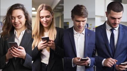 Portraits of diverse smiling business people texting on smartphone in office. Montage of caucasian entrepreneurs in formal wear typing message in phone. Corporate workers vertical split screen.