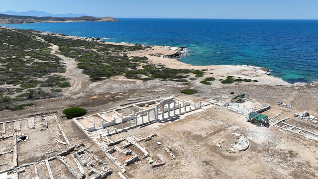 Aerial drone photo of Despotiko islet ancient sanctuary archaeological site, Antiparos island, Cyclades, Greece