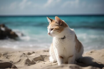 Cat beach sand sunny. Generate Ai