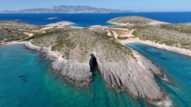 Aerial drone photo of paradise secluded beaches in Nortern part of Antiparos island with crystal clear sea, Cyclades, Greece