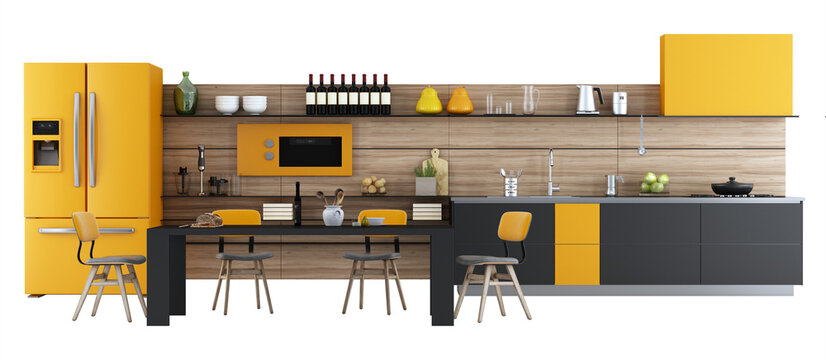 Black and orange modern kitchen with dining table vintage chair isolated on traparent background - 3d rendering