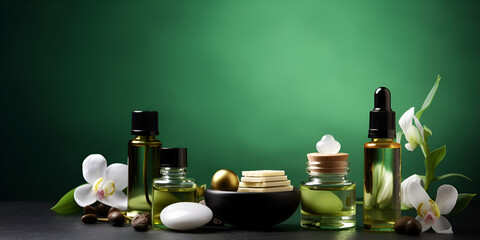 Beautiful spa composition on green background. Natural skincare cosmetic products. AI generated