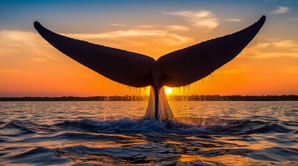 Whale jumping out of the ocean at sunset