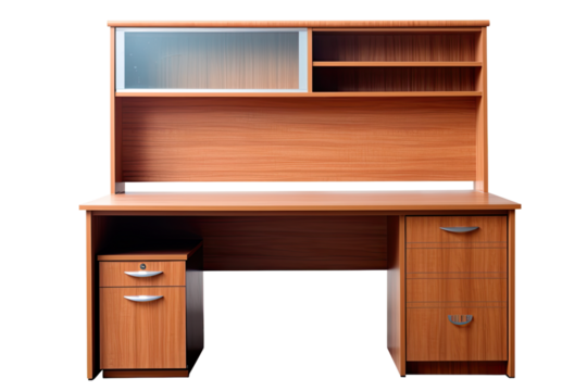 wood office desk with hutch isolated on a transparent background, generative ai