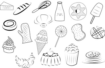 A collection of doodles related to cooking and food for pastry. It includes various elements such as kitchen utensils, ingredients, desserts. Perfect for use in cookbooks, recipe cards, menus