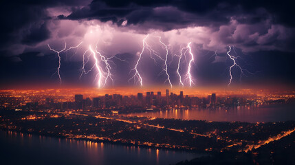 lightning storm over the city at night,