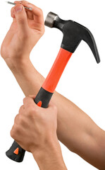 Human Hand holds Hammer, Work Tool in hand