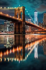 In the foreground of the image, we see the Brooklyn Bridge, one of the most recognizable landmarks in the city. - obrazy, fototapety, plakaty