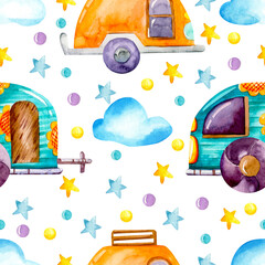 Seamless watercolor pattern. Hand drawn cute travel trailers, stars, clouds on a white background. Cartoon, children's theme.