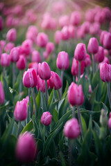 Fototapeta premium Kwiaty wiosenne, polana tulipanów. Różowe tulipany