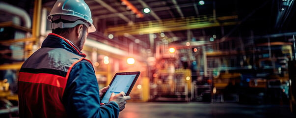 A man in a modern factory with a tablet in his hands. - obrazy, fototapety, plakaty