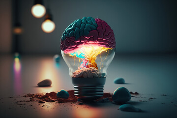 Creative Idea with Brain and Light Bulb Illustration. Created with Generative AI technology