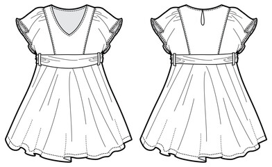 Girls dress design with Frills flat sketch fashion illustration vector template with front and back view, Toddler baby girl frock dress