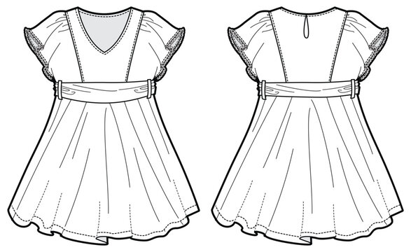 Girls dress design with Frills flat sketch fashion illustration vector template with front and back view, Toddler baby girl frock dress