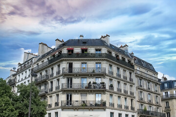 Paris, buildings in the Marais, in the center, in a typical street

