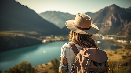 woman with a hat and backpack looking at the mountains and lake from the top of a mountain in the sun light, with a view of the mountains - obrazy, fototapety, plakaty