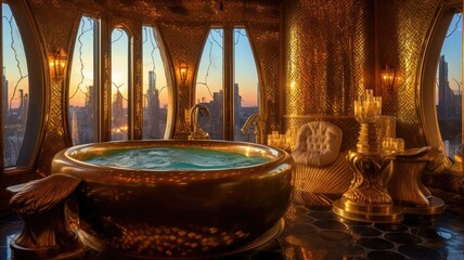 A golden luxury and futuristic palace with golden bathtub. Generative AI AIG27.