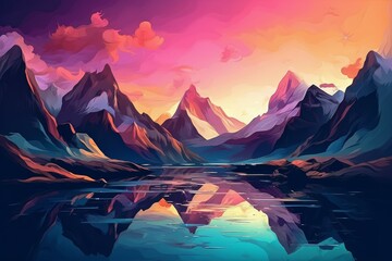 Fototapeta na wymiar Mountains art sunset lake. Generate Ai