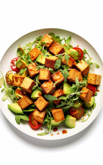 Top view of a vegan tofu salad with vegetables on white plate. Ai generated