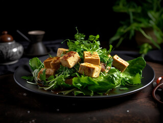 Vegan tofu salad with green lettuce on black plate, dark background. Ai generated